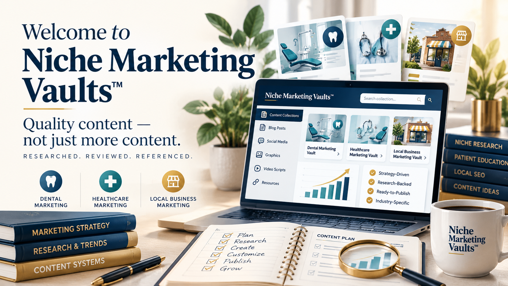 Niche Marketing Vaults welcome graphic illustrating research-driven marketing systems for dental, healthcare, and local businesses.